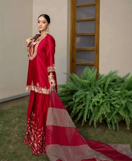Women's Chinon Silk Sequence Embroidery Work Straight Kurti With Sharara Suit and Dupatta Set