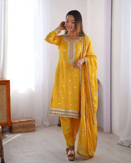 Women's Chinon Silk Embroidered Straight Kurti with Pant And Dupatta Set